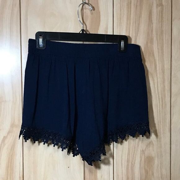 Ambiance Apparel Navy Blue Sheer Short Shorts Lace Hem L - Picture 2 of 6